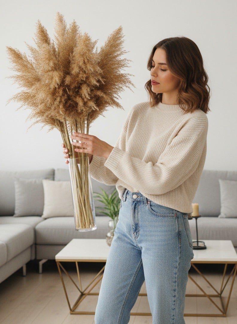 فانسي فلورز عشب بامباس طبيعي ناعم مجفف – سيقان بامباس منفوشة باللون البيج للديكور المنزلي والمناسبات - Image 1